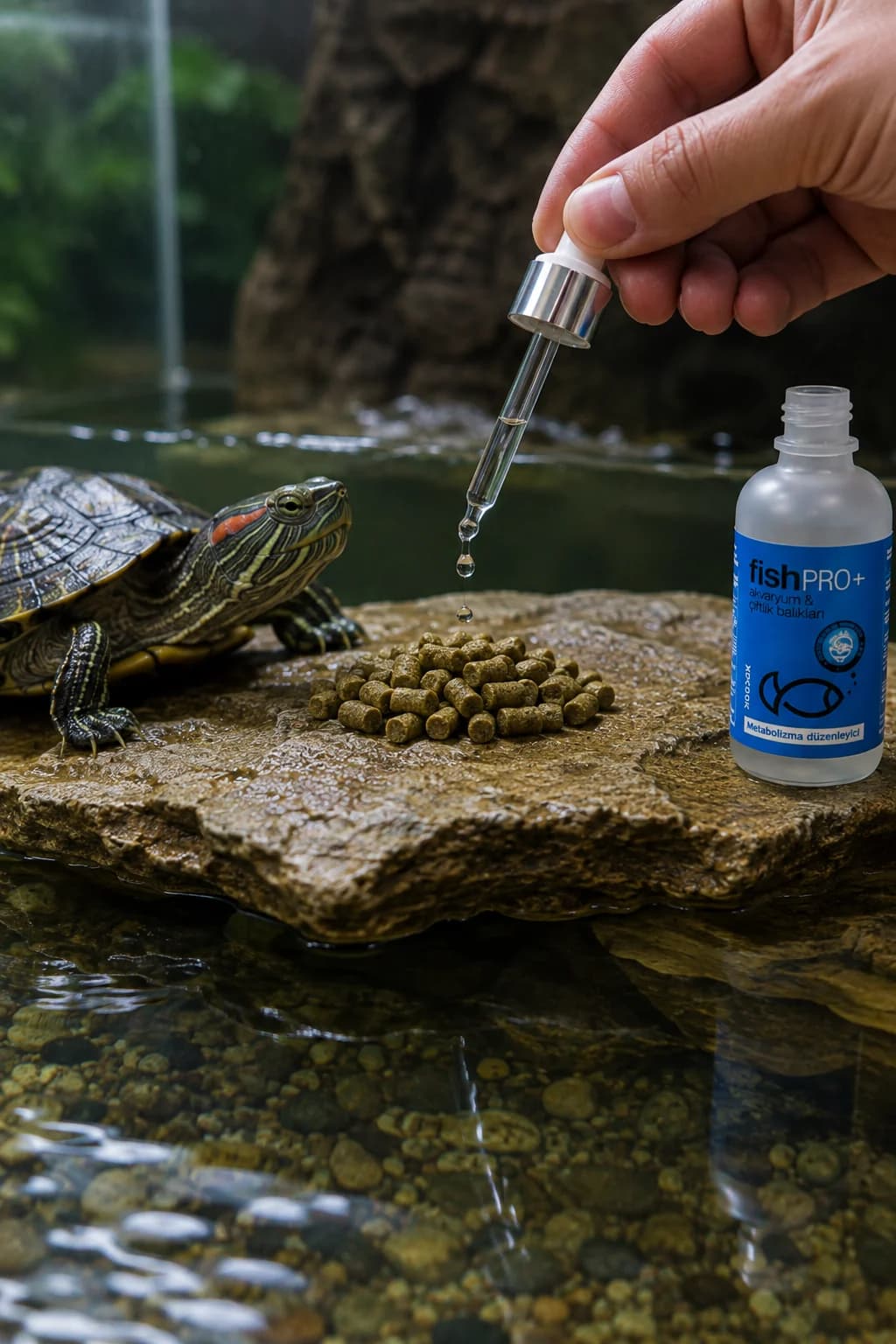 FishPro+ su kaplumbağası peletine damlatma