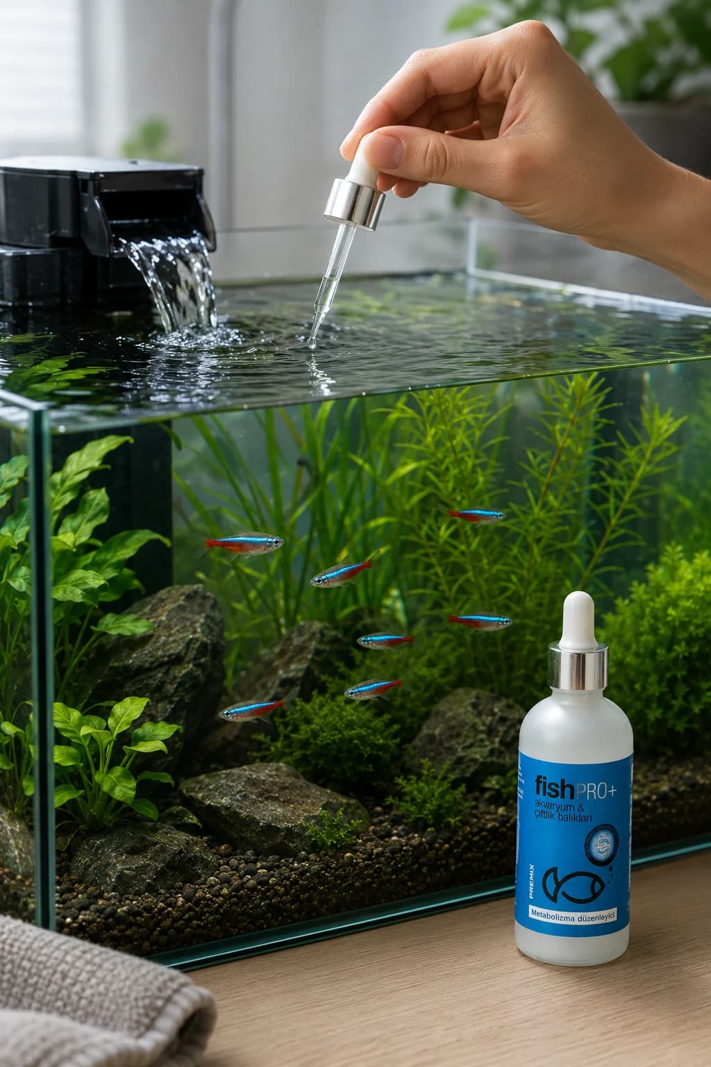 FishPro+ neon tetra akvaryumuna doğrudan damlatma