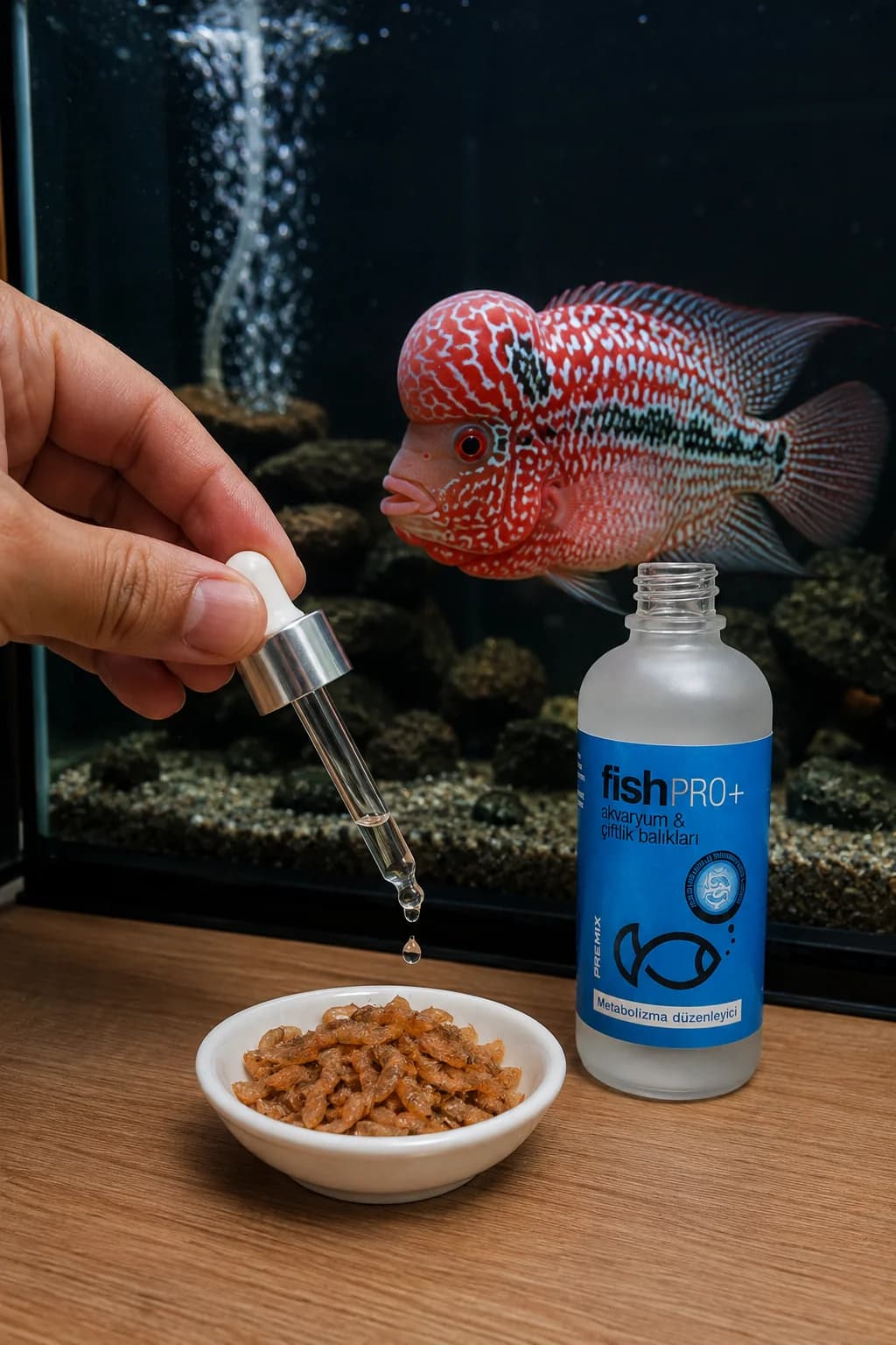 FishPro+ flowerhorn yaş / kuru karides yemine damlatma