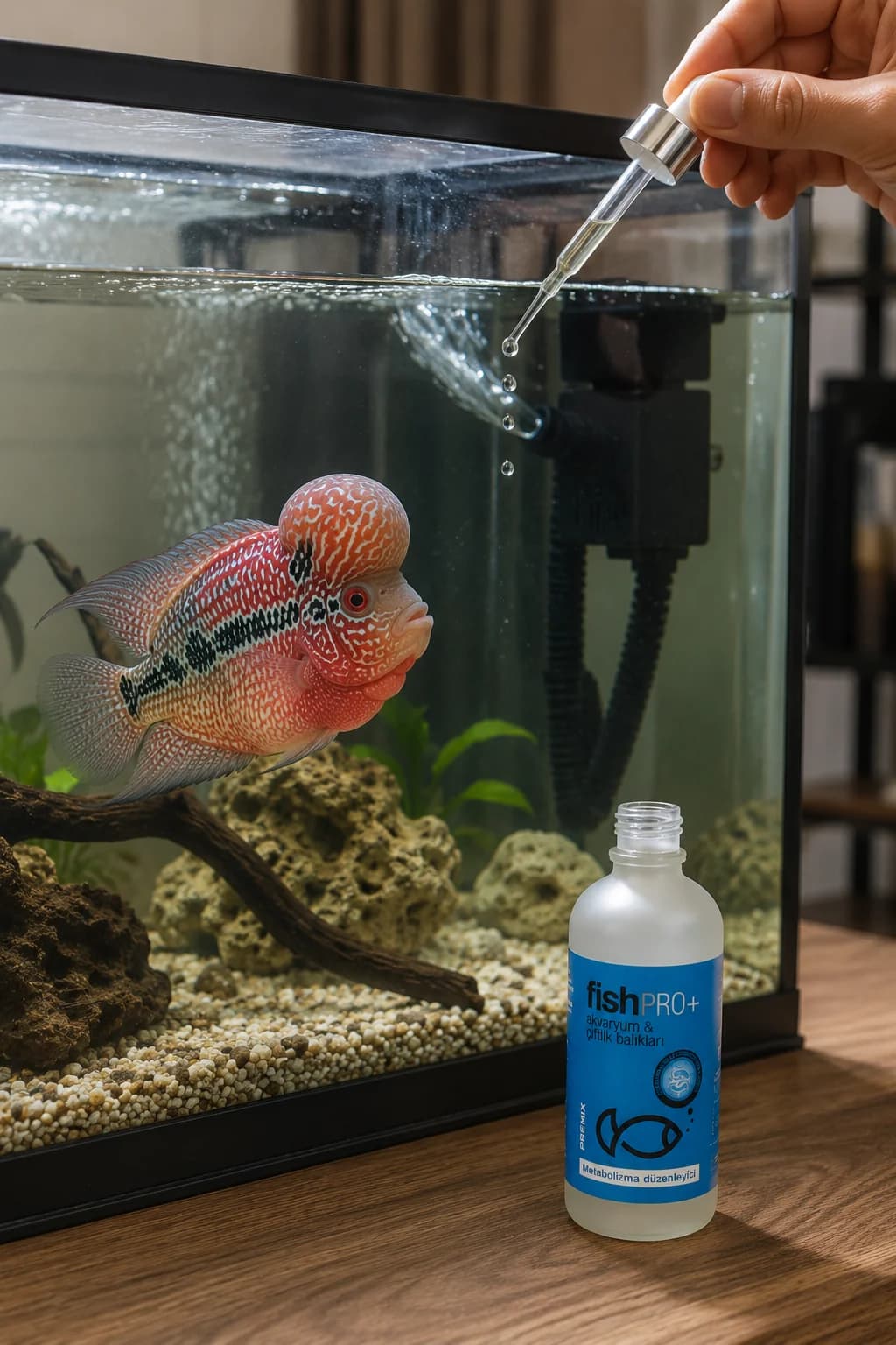 FishPro+ flowerhorn akvaryumuna doğrudan damlatma