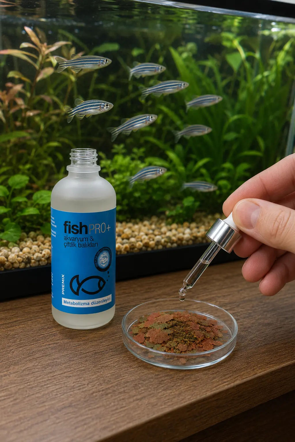 FishPro+ zebra danio akvaryumuna doğrudan damlatma